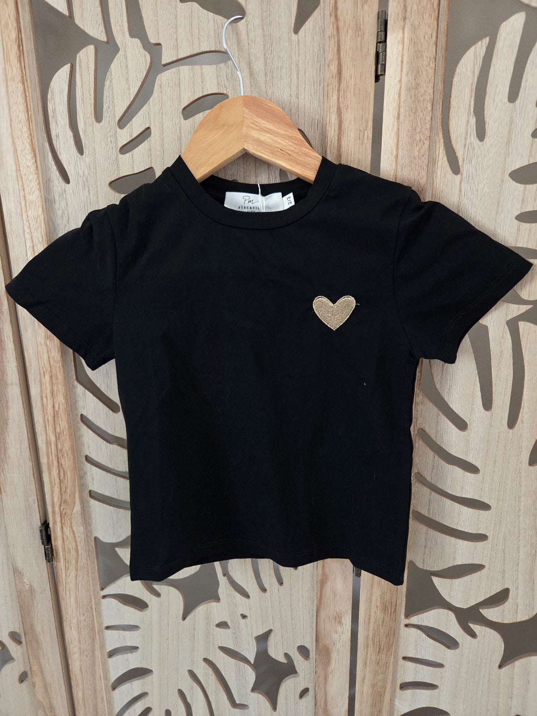 T-shirt noir coeur brodé doré fille