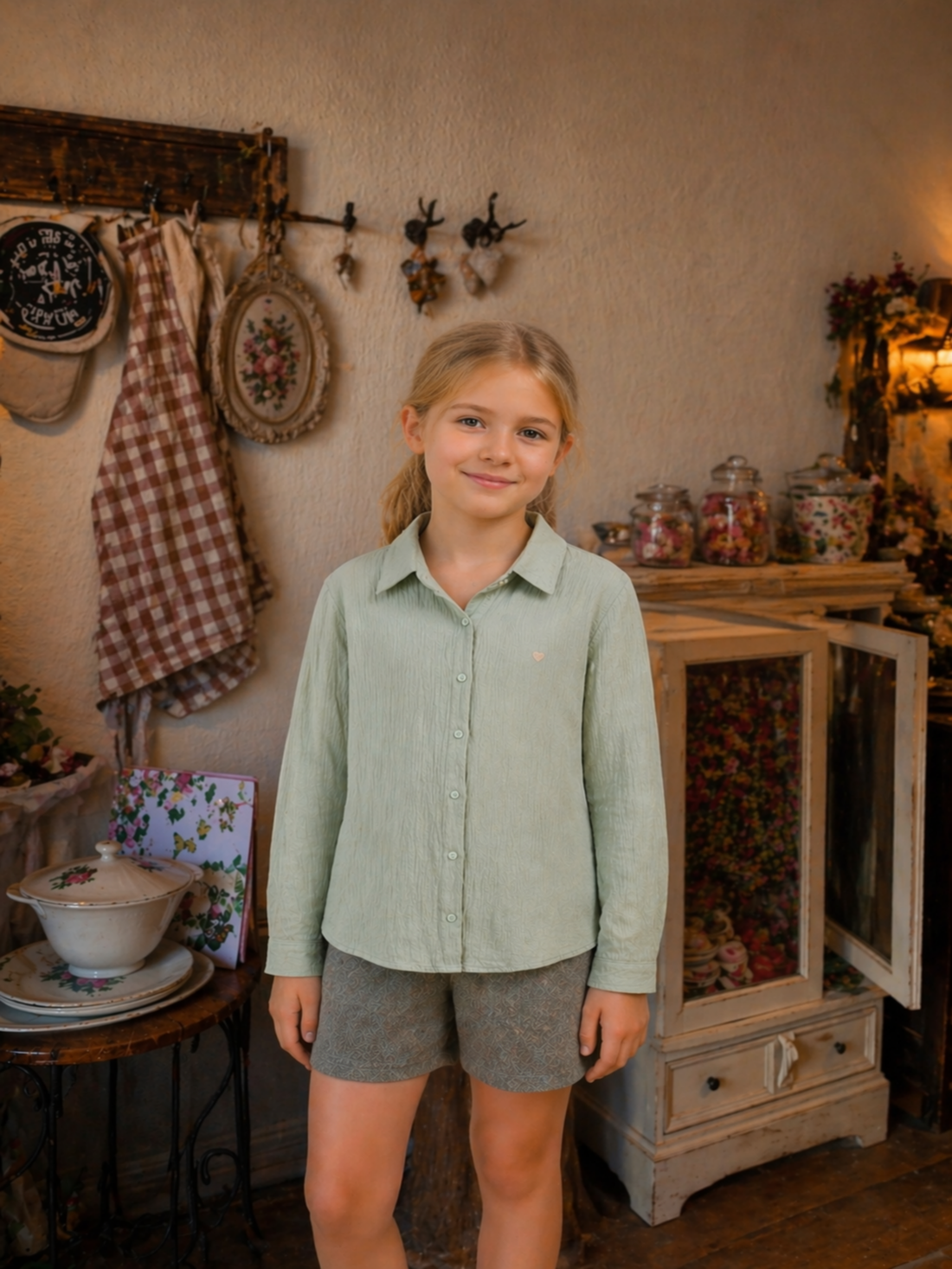 Chemise gaze de coton vert pâle fille portée – Mini-nous